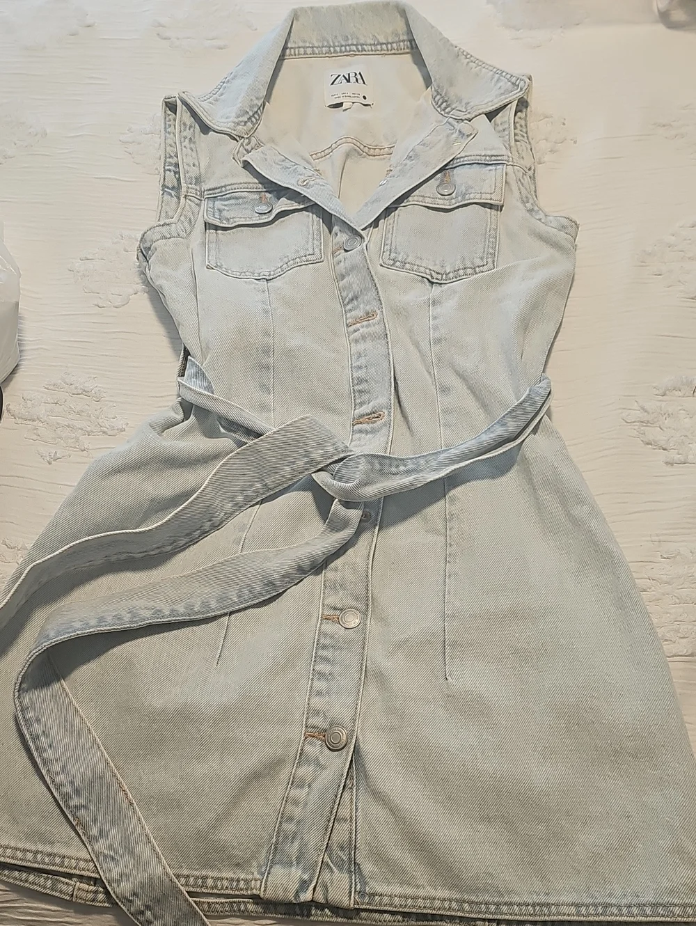ZARA Light Wash Denim Dress with Waist Tie